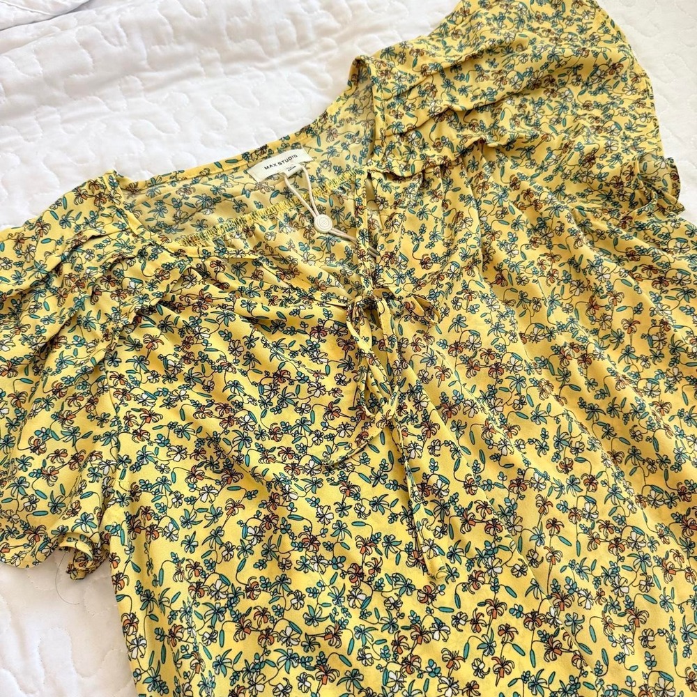 Max Studio Women S Blouse Yellow Floral Ruffle Tie Neck GARDEN BRUNCH AIRY DITSY